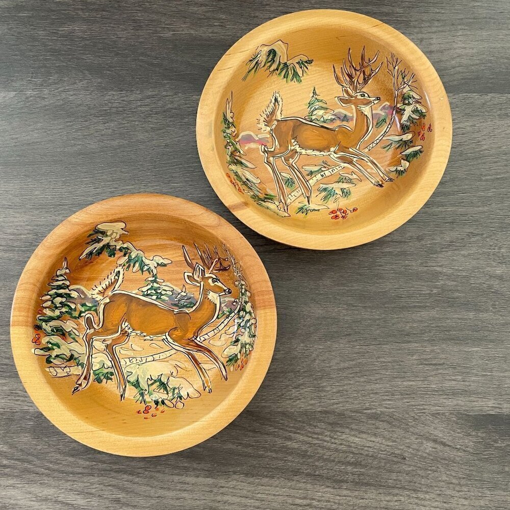 Vintage 50s Wildlife of Birchland Vermont Folk Art Handmade Deer Wood 2 Bowl Set